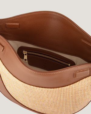 Leather And Rafia Half Moon Bag