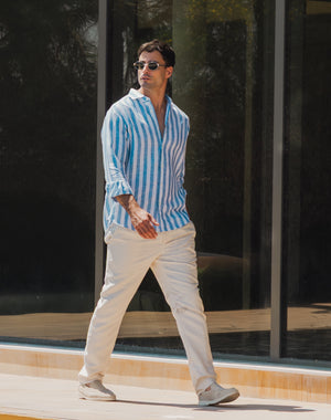 Blue white Men Classic linen Shirt