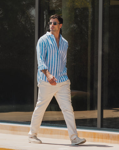 Blue white Men Classic linen Shirt