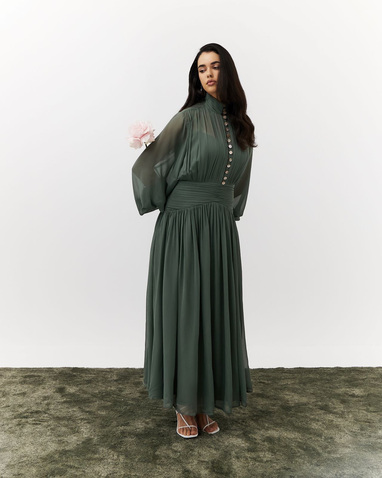 vanda formal iridescent metallic dress Draped gown with deep slit 37000 minimal style main image 1