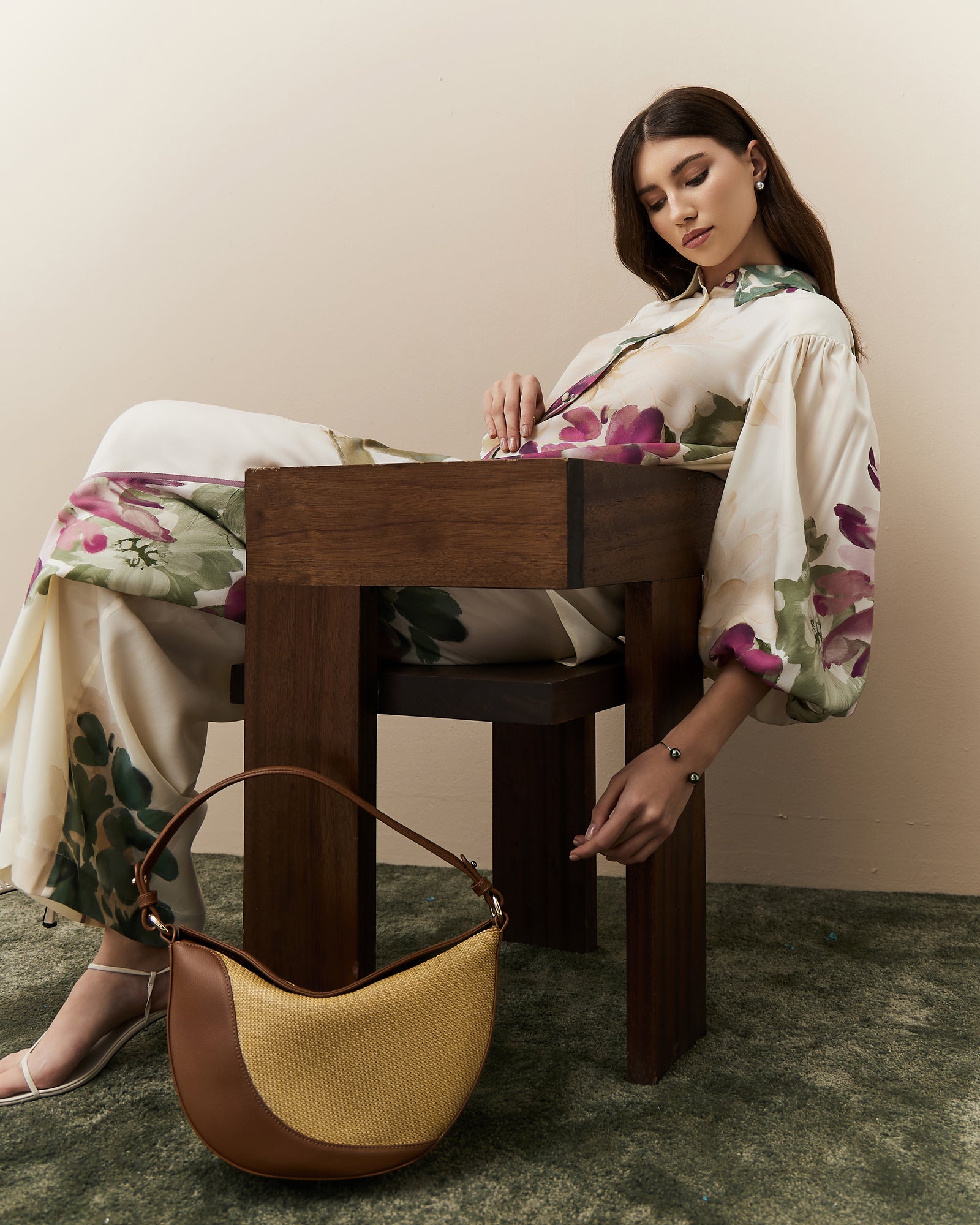 Leather And Rafia Half Moon Bag