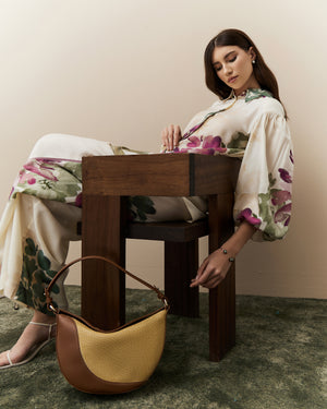 Leather And Rafia Half Moon Bag