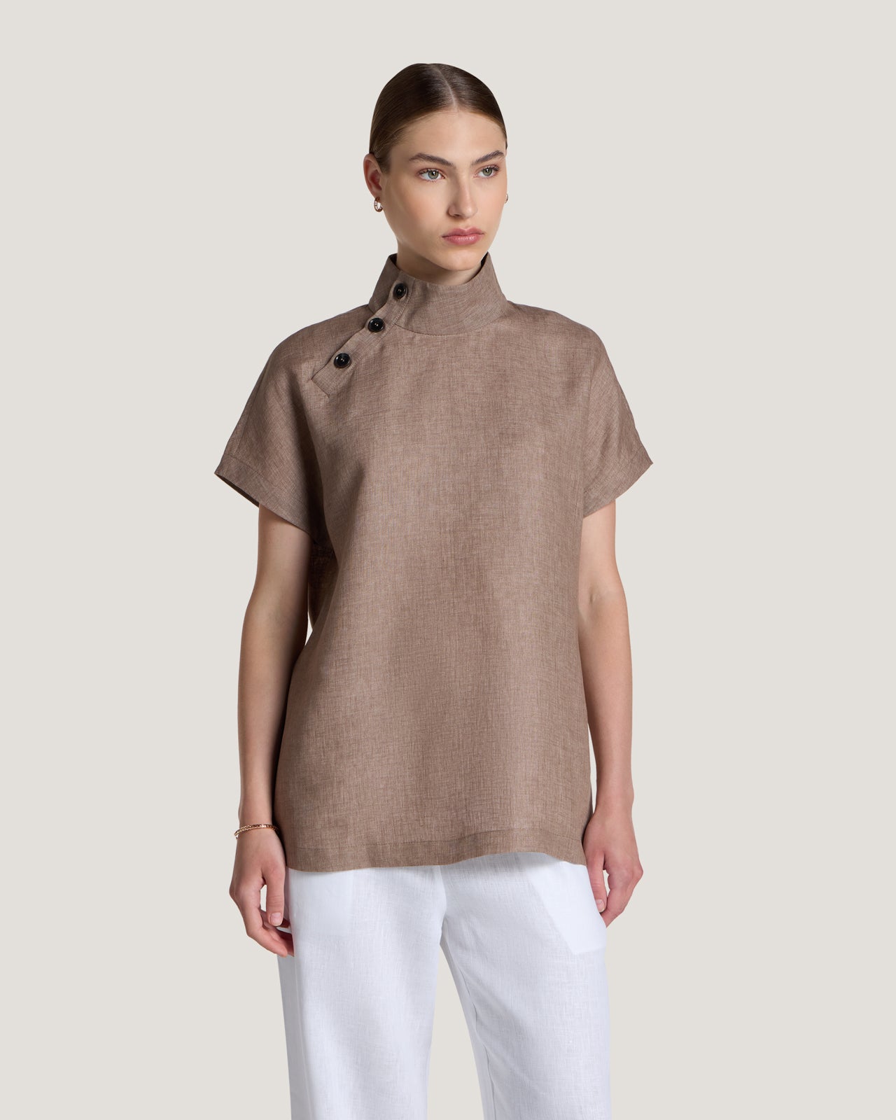 Women Jemma High Collar Placket Short Sleeve Top